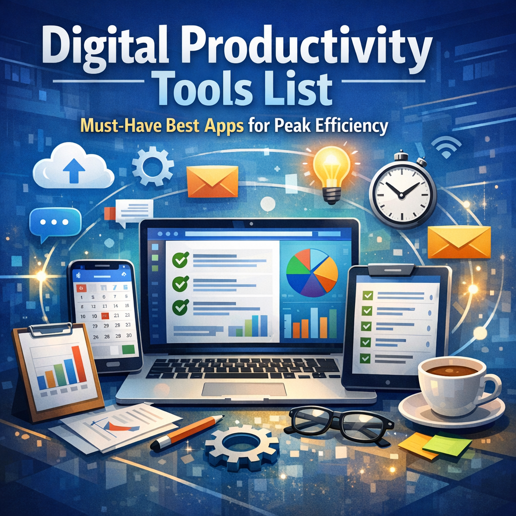Illustration of Digital Productivity Tools List: Must-Have Best Apps for Peak Efficiency